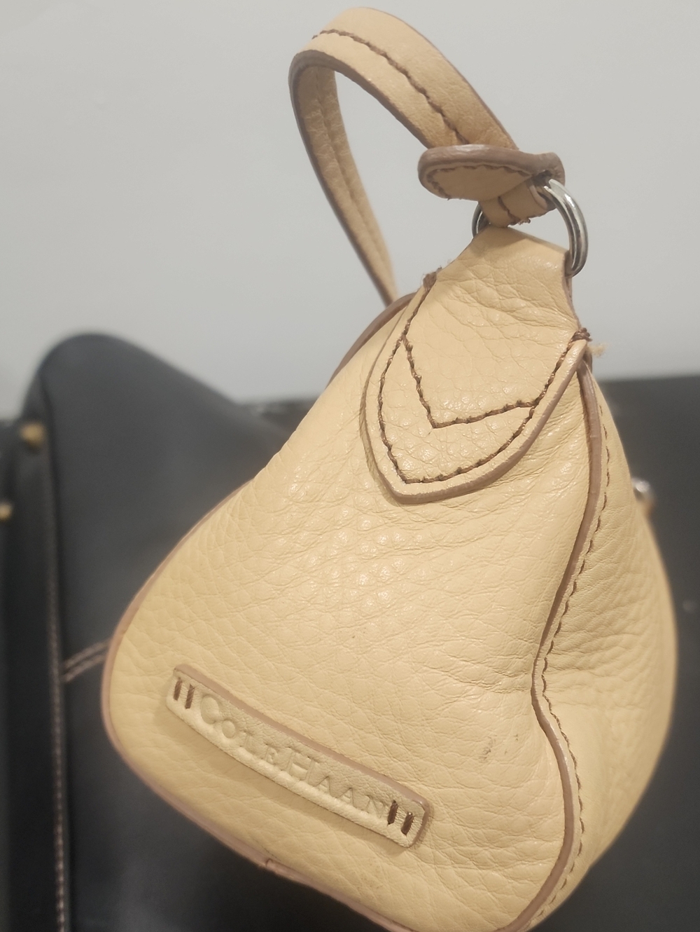 COLE HAAN Cream Pebbled Leather Baguette Purse